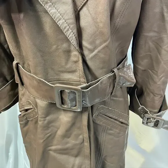 Bebe‎ Leather Brown Belted Trench Coat Womens Medium 70's Spring Steampunk